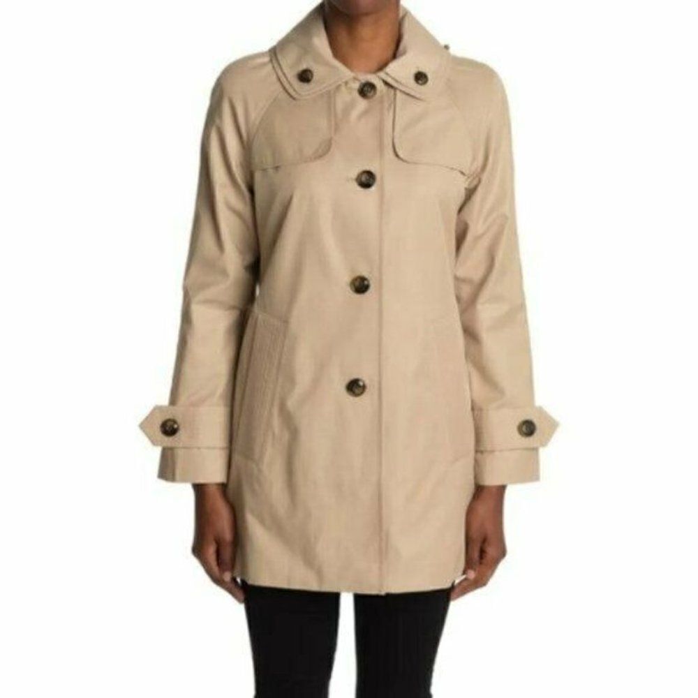 London Fog Stone Single-Breasted Hooded Raincoat Beige Women's Small NWT